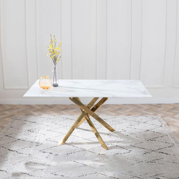 Sutton 150cm White and Gold Dining Table - Glass Top with Marble Effect