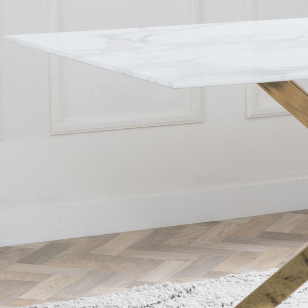 Sutton 150cm White and Gold Dining Table - Glass Top with Marble Effect