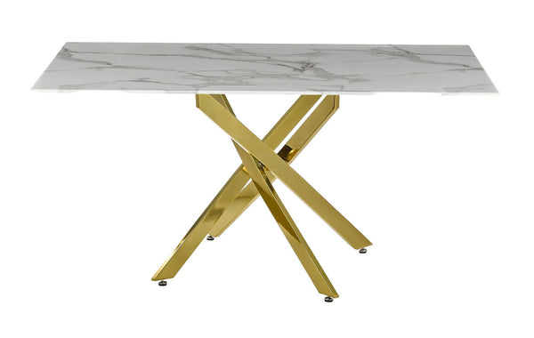 Sutton 150cm White and Gold Dining Table - Glass Top with Marble Effect