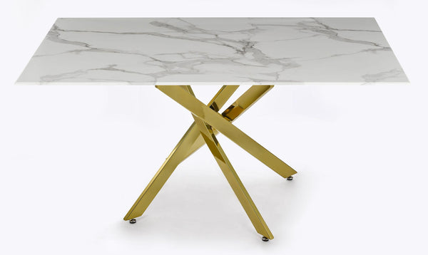 Sutton 150cm White and Gold Dining Table - Glass Top with Marble Effect