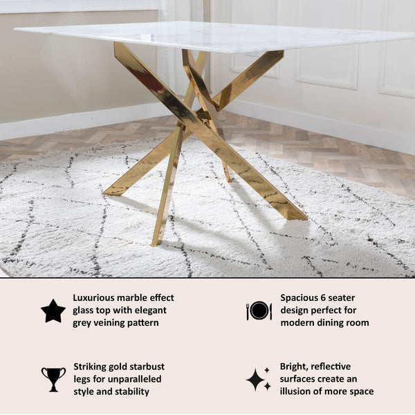 Sutton 150cm White and Gold Dining Table - Glass Top with Marble Effect