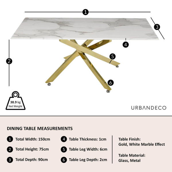 Sutton 150cm White and Gold Dining Table - Glass Top with Marble Effect