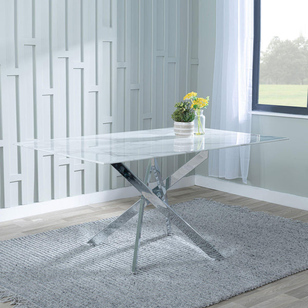 Sutton 150cm White and Chrome Dining Table - Glass Top with Marble Effect
