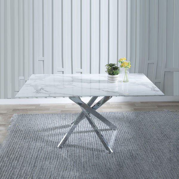 Sutton 150cm White and Chrome Dining Table - Glass Top with Marble Effect