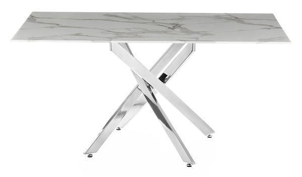 Sutton 150cm White and Chrome Dining Table - Glass Top with Marble Effect