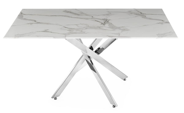 Sutton 150cm White and Chrome Dining Table - Glass Top with Marble Effect