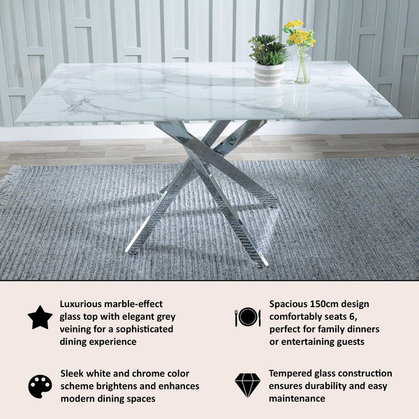 Sutton 150cm White and Chrome Dining Table - Glass Top with Marble Effect