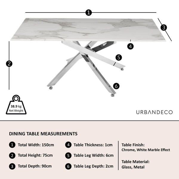 Sutton 150cm White and Chrome Dining Table - Glass Top with Marble Effect