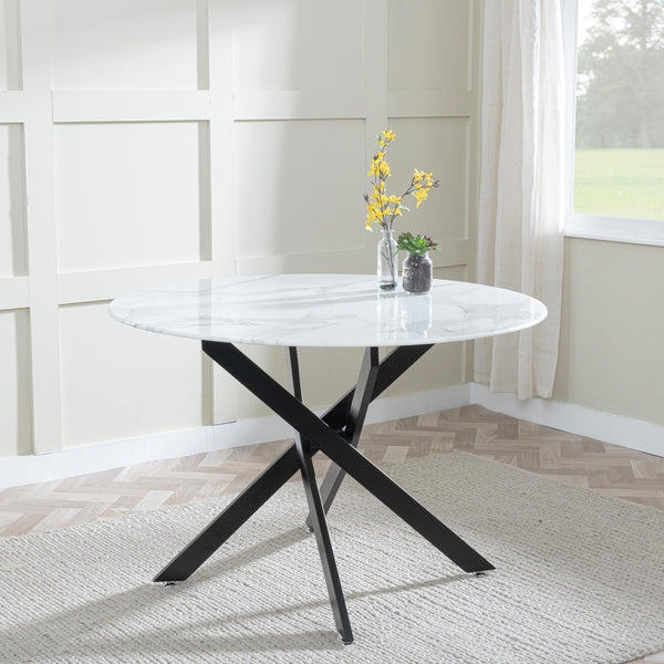 Sutton 110cm White and Black Round Dining Table - Glass Top with Marble Effect