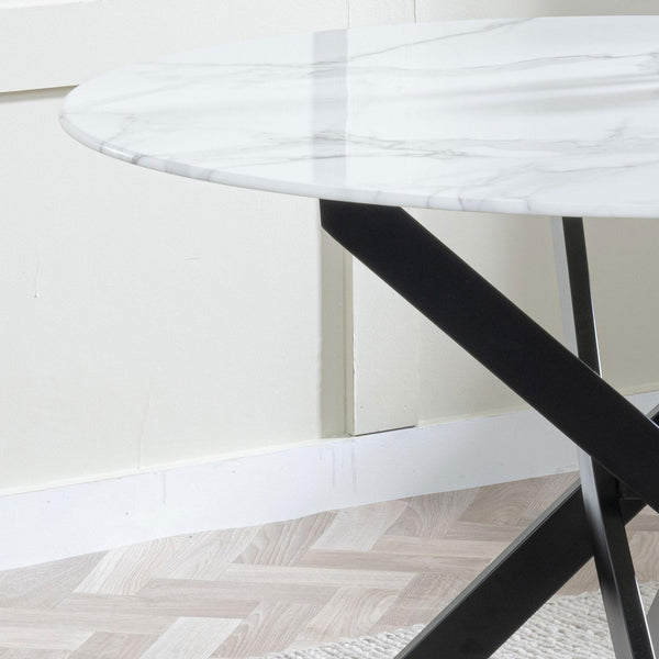Sutton 110cm White and Black Round Dining Table - Glass Top with Marble Effect