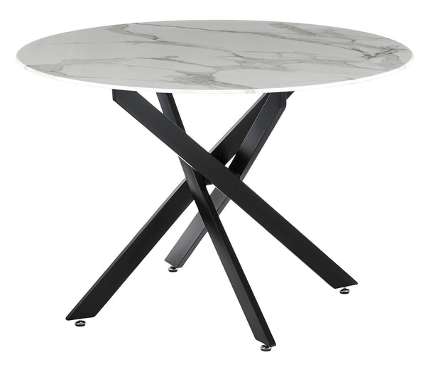 Sutton 110cm White and Black Round Dining Table - Glass Top with Marble Effect