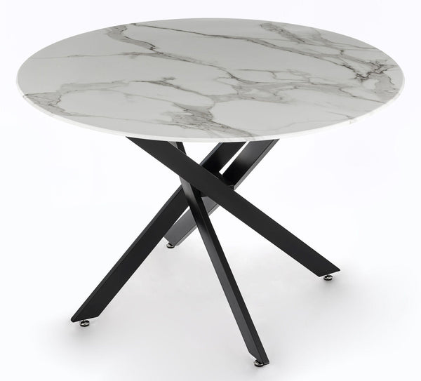 Sutton 110cm White and Black Round Dining Table - Glass Top with Marble Effect