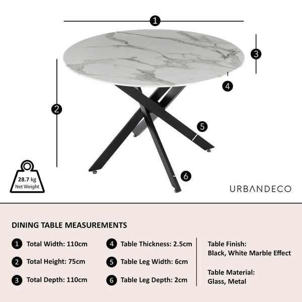 Sutton 110cm White and Black Round Dining Table - Glass Top with Marble Effect