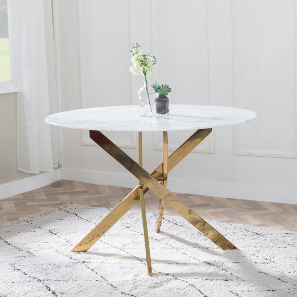 Sutton 110cm White and Gold Round Dining Table - Glass Top with Marble Effect