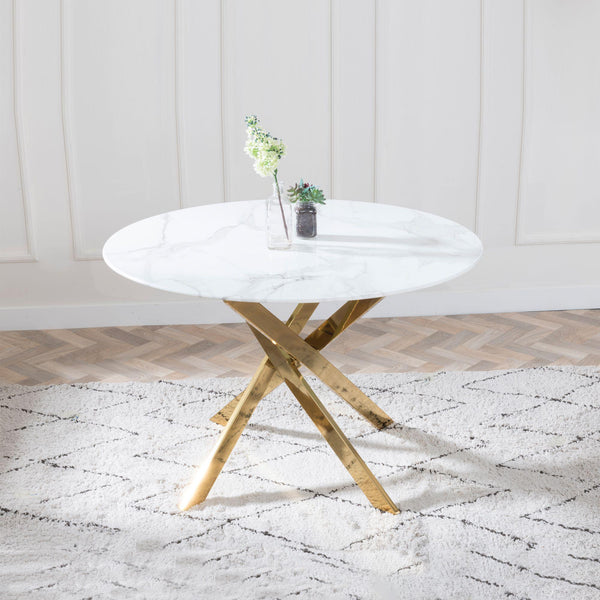 Sutton 110cm White and Gold Round Dining Table - Glass Top with Marble Effect