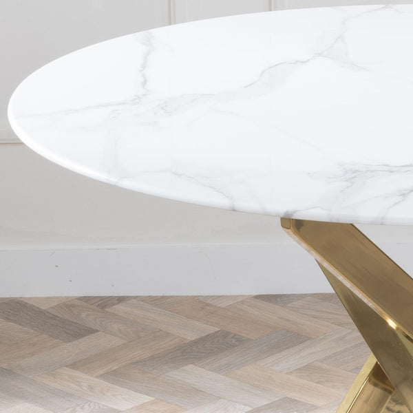 Sutton 110cm White and Gold Round Dining Table - Glass Top with Marble Effect