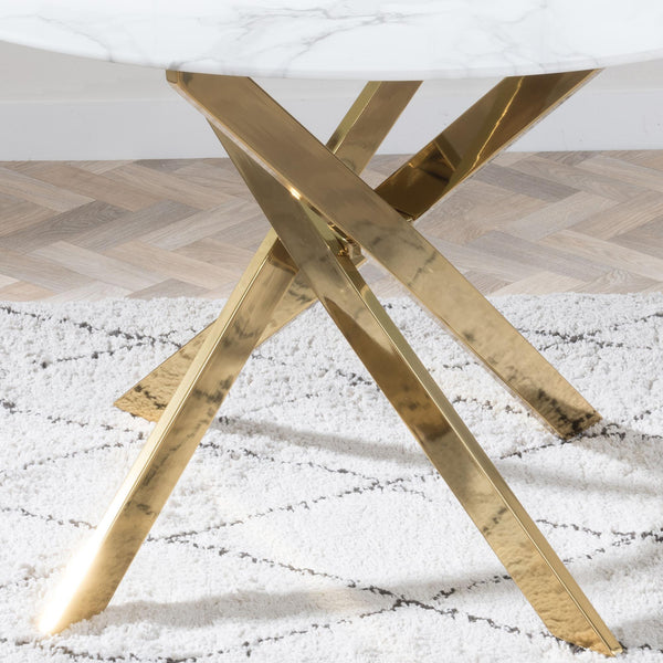 Sutton 110cm White and Gold Round Dining Table - Glass Top with Marble Effect