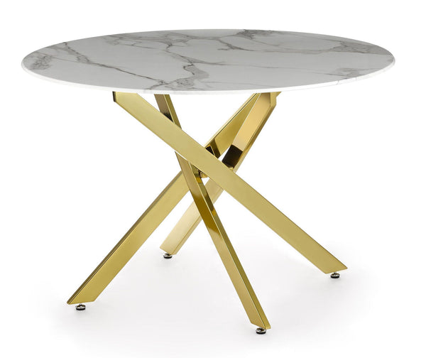 Sutton 110cm White and Gold Round Dining Table - Glass Top with Marble Effect