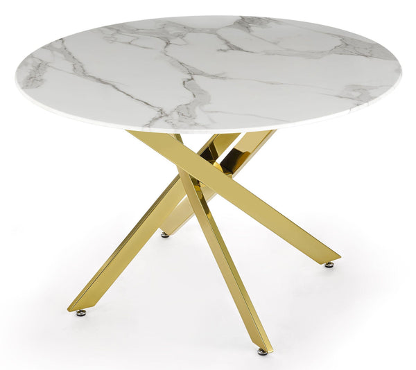 Sutton 110cm White and Gold Round Dining Table - Glass Top with Marble Effect