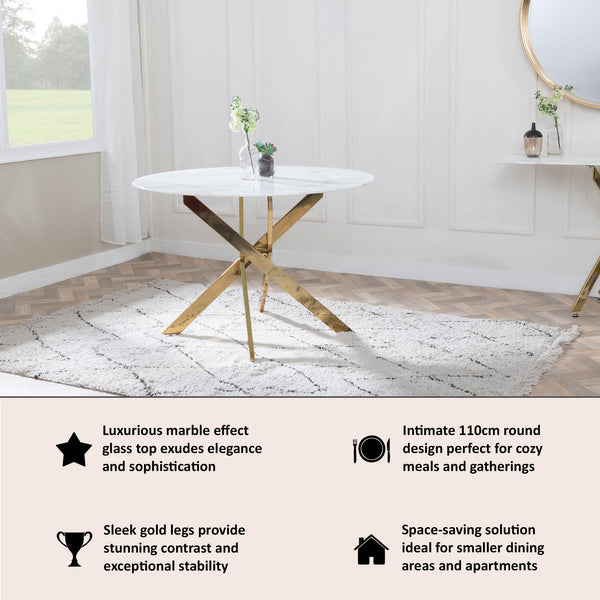 Sutton 110cm White and Gold Round Dining Table - Glass Top with Marble Effect
