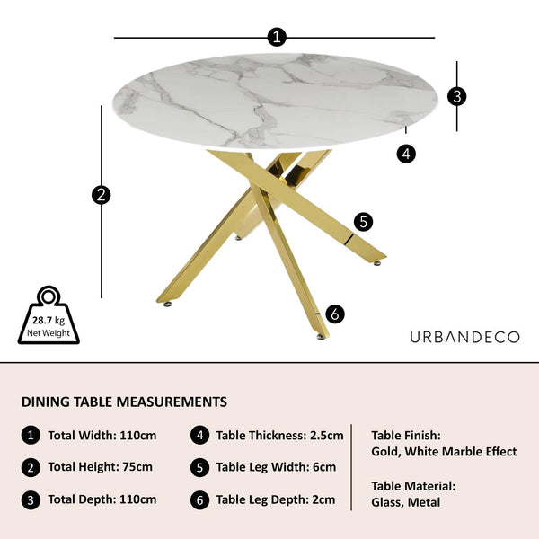 Sutton 110cm White and Gold Round Dining Table - Glass Top with Marble Effect