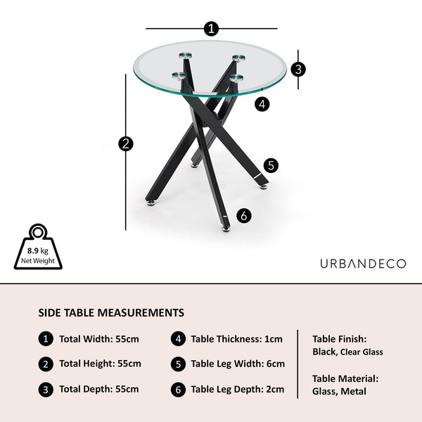 Sutton Clear Glass and Black Round Side Table - 55cm Tempered Top
