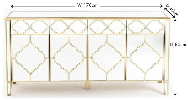 Cairo Mirrored Gold Trim Large Sideboard - 4 Doors