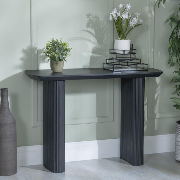 Renzo Black Oval Console Table with Fluted Ribbed Double Pedestal Base