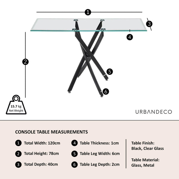 Sutton Clear Glass and Black Console Table - 120cm Tempered Top
