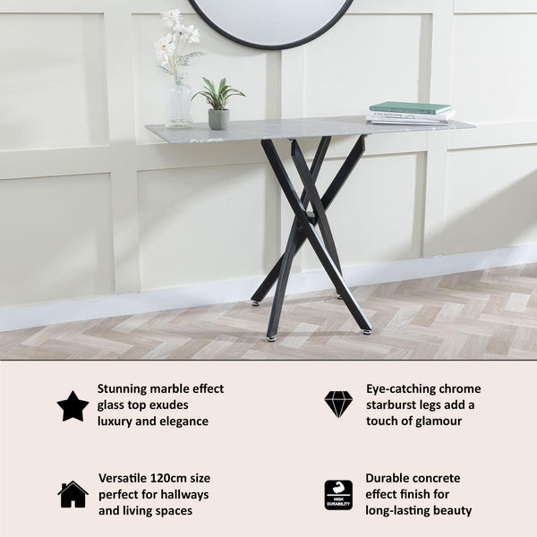 Sutton Grey and Black Console Table - 120cm Glass Top with Concrete Effect