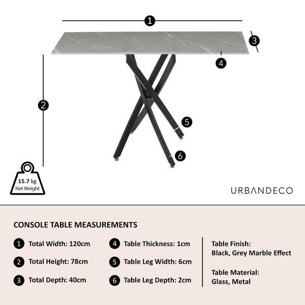 Sutton Grey and Black Console Table - 120cm Glass Top with Concrete Effect