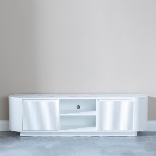 Mondrian White Melamine Top Curved Fluted TV Unit