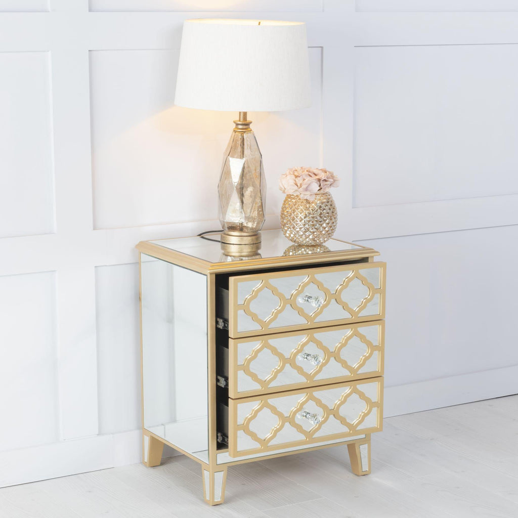 Cairo Mirrored Gold Trim Bedside Cabinet - 3 Drawers