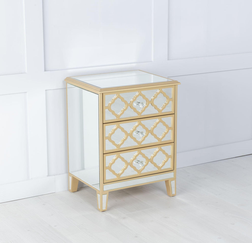 Cairo Mirrored Gold Trim Bedside Cabinet - 3 Drawers