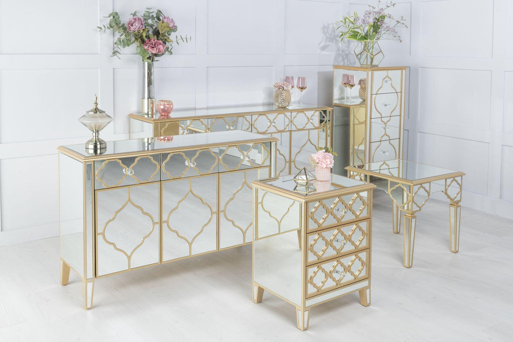 Cairo Mirrored Gold Trim Bedside Cabinet - 3 Drawers