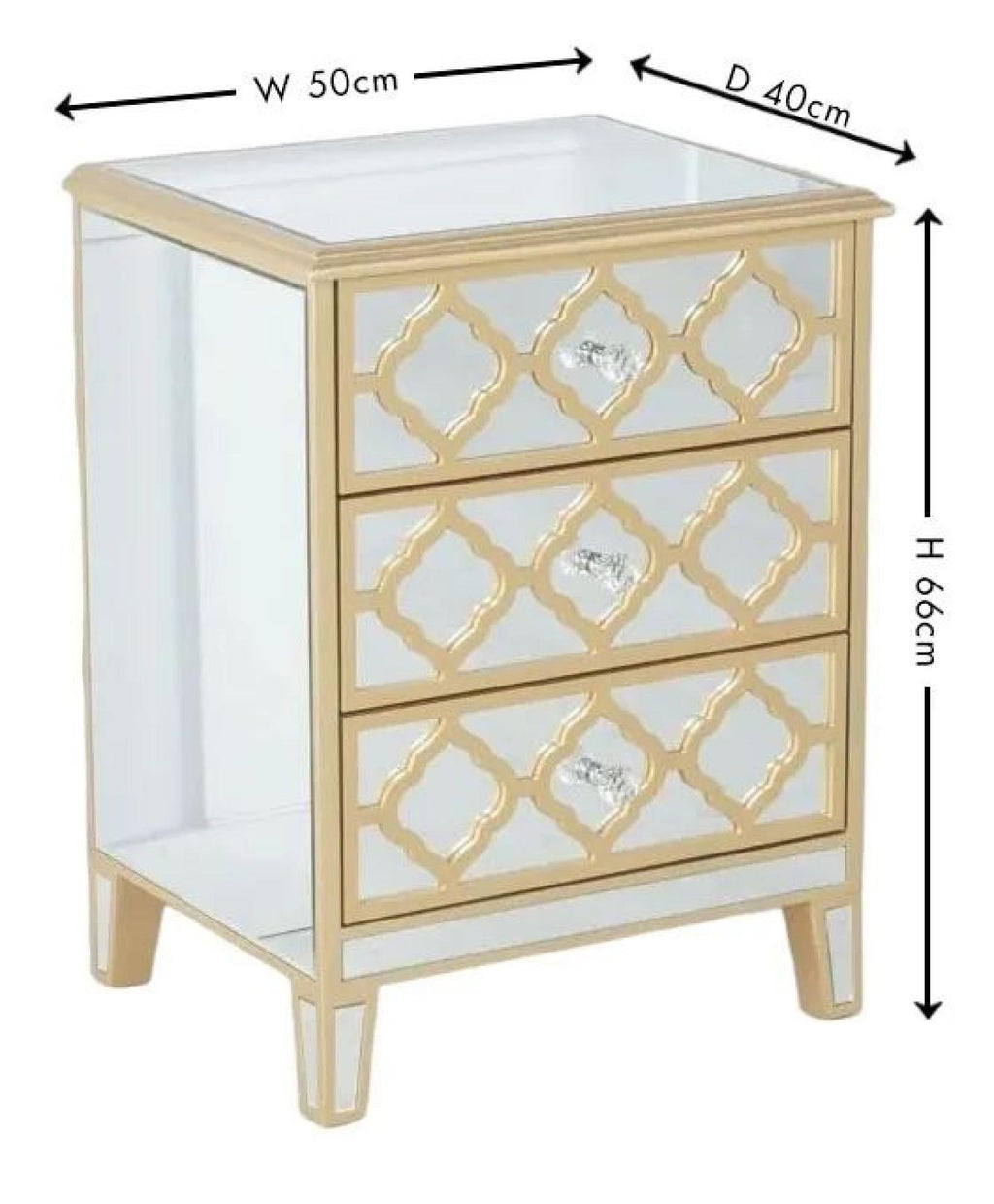Cairo Mirrored Gold Trim Bedside Cabinet - 3 Drawers