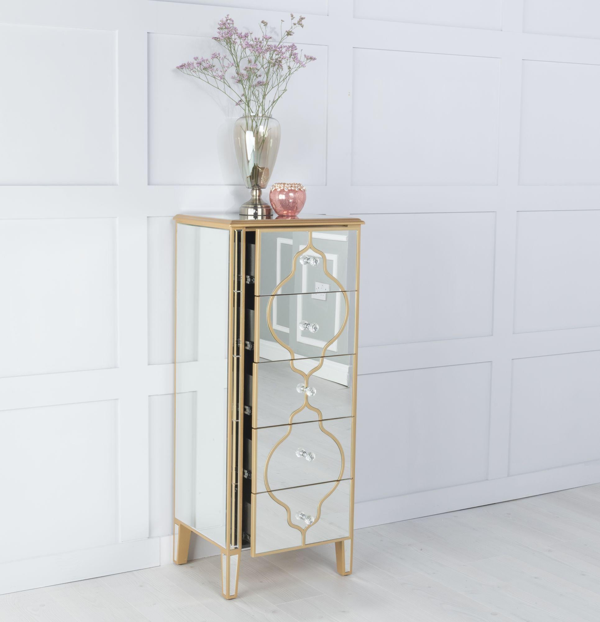 Cairo Mirrored Gold Trim 5 Drawer Narrow Chest