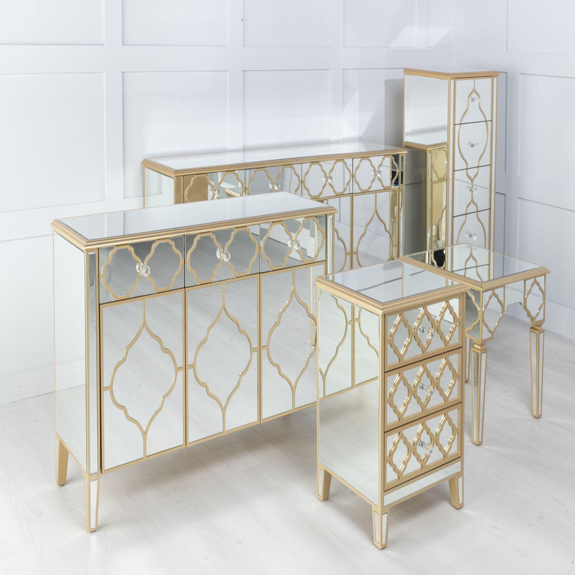 Cairo Mirrored Gold Trim 5 Drawer Narrow Chest