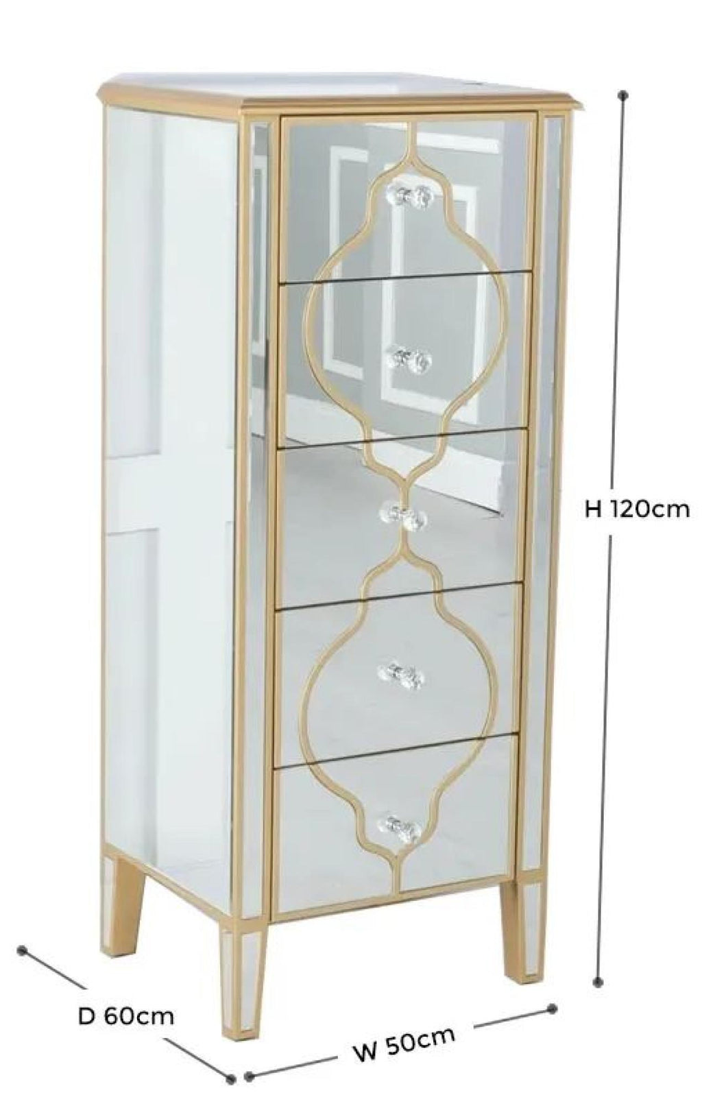 Cairo Mirrored Gold Trim 5 Drawer Narrow Chest