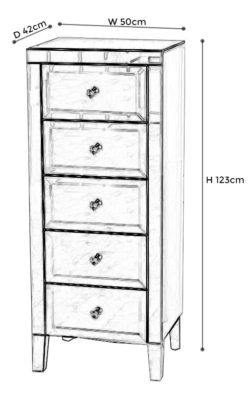 Vasari Mirrored 5 Drawer Narrow Chest