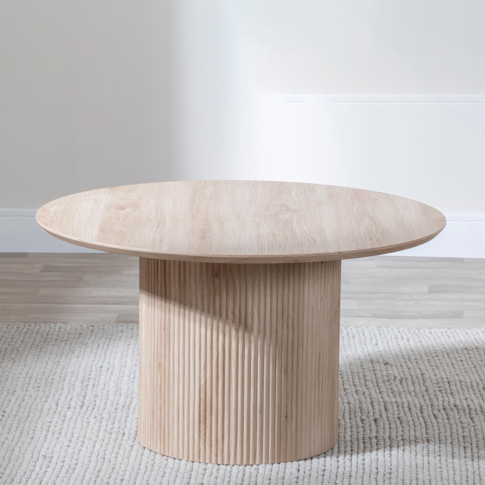 Renzo Oak Round Coffee Table with Fluted Ribbed Drum Base