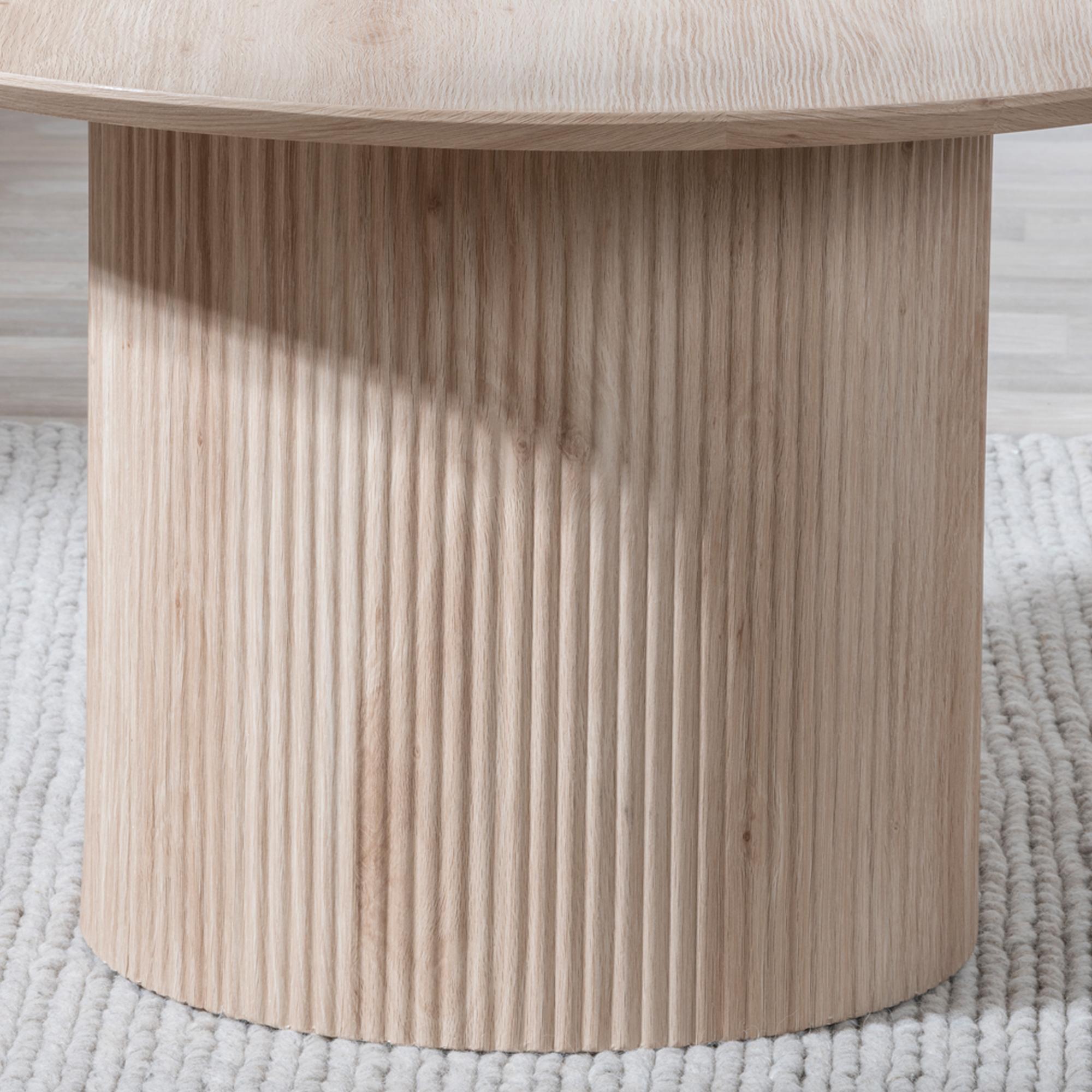 Renzo Oak Round Coffee Table with Fluted Ribbed Drum Base