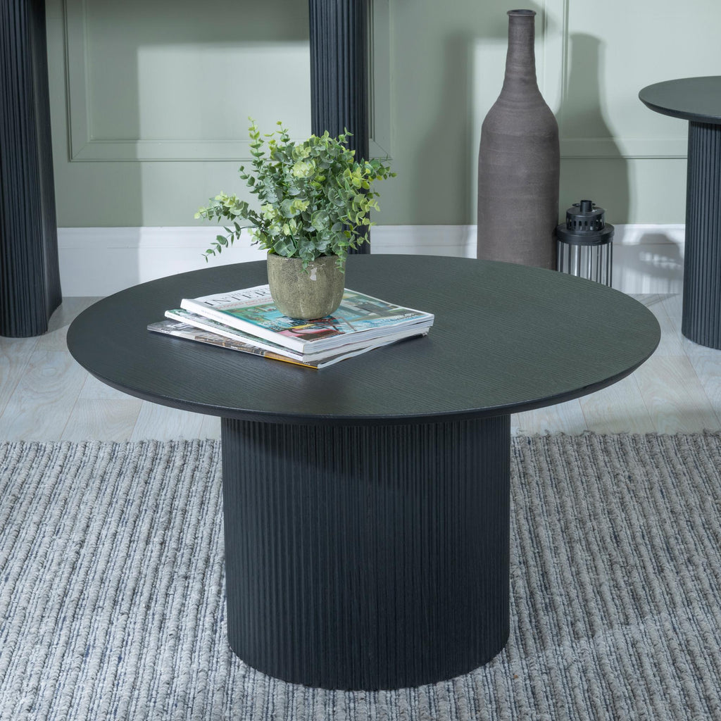 Renzo Black Round Coffee Table with Fluted Ribbed Drum Base