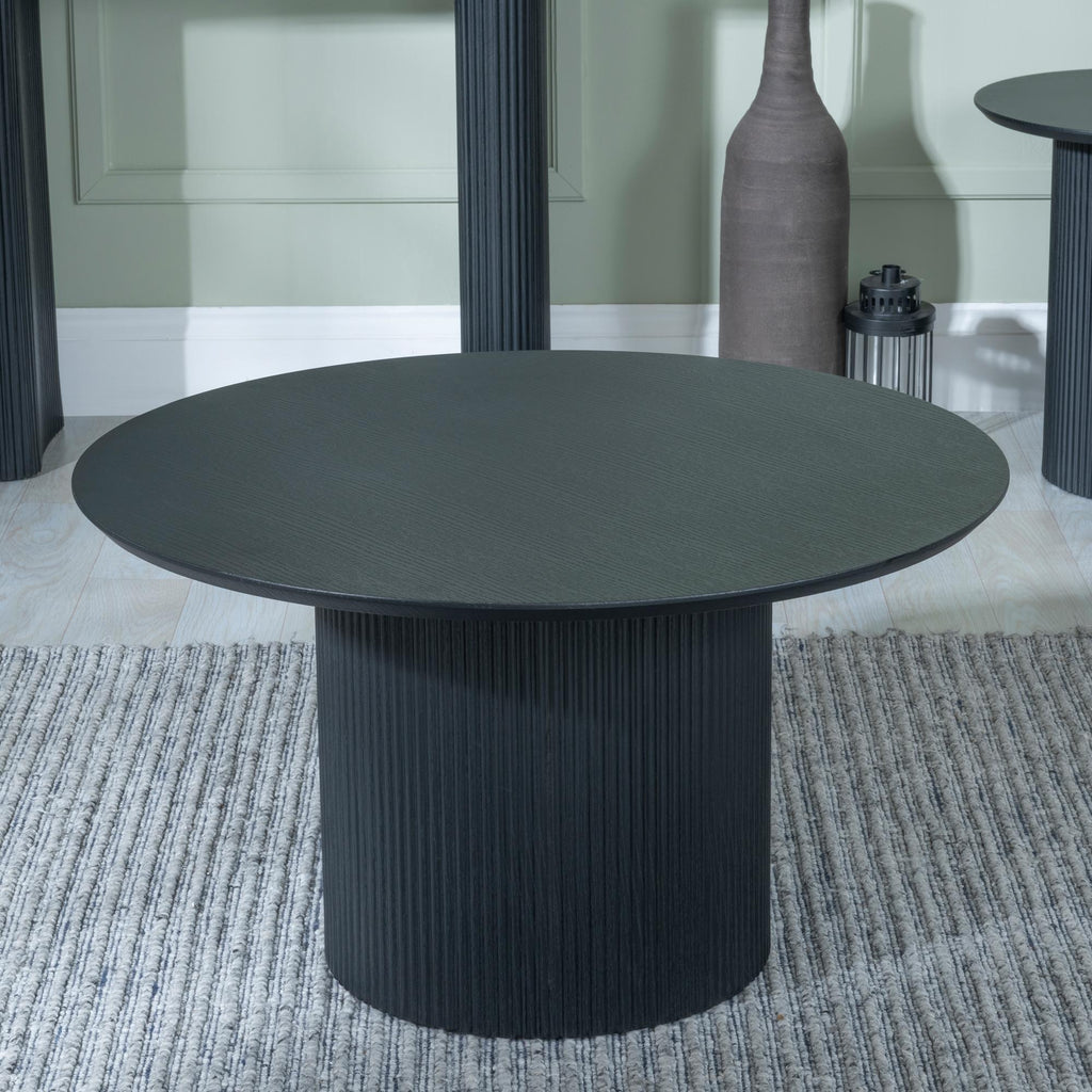 Renzo Black Round Coffee Table with Fluted Ribbed Drum Base