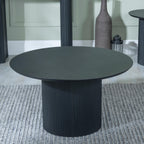Renzo Black Round Coffee Table with Fluted Ribbed Drum Base