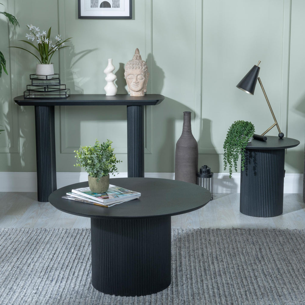 Renzo Black Round Coffee Table with Fluted Ribbed Drum Base