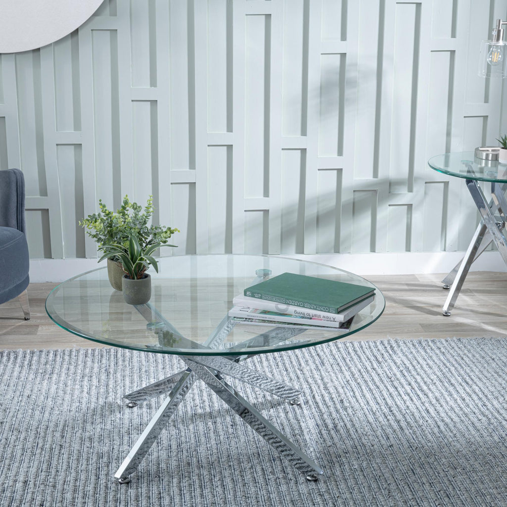 Sutton Clear Glass and Chrome Round Coffee Table - 90cm Tempered Top