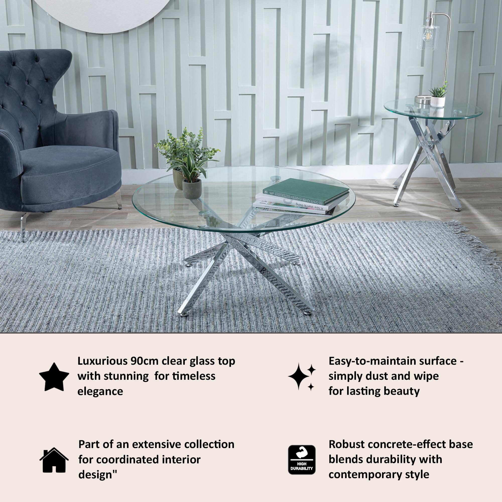 Sutton Clear Glass and Chrome Round Coffee Table - 90cm Tempered Top