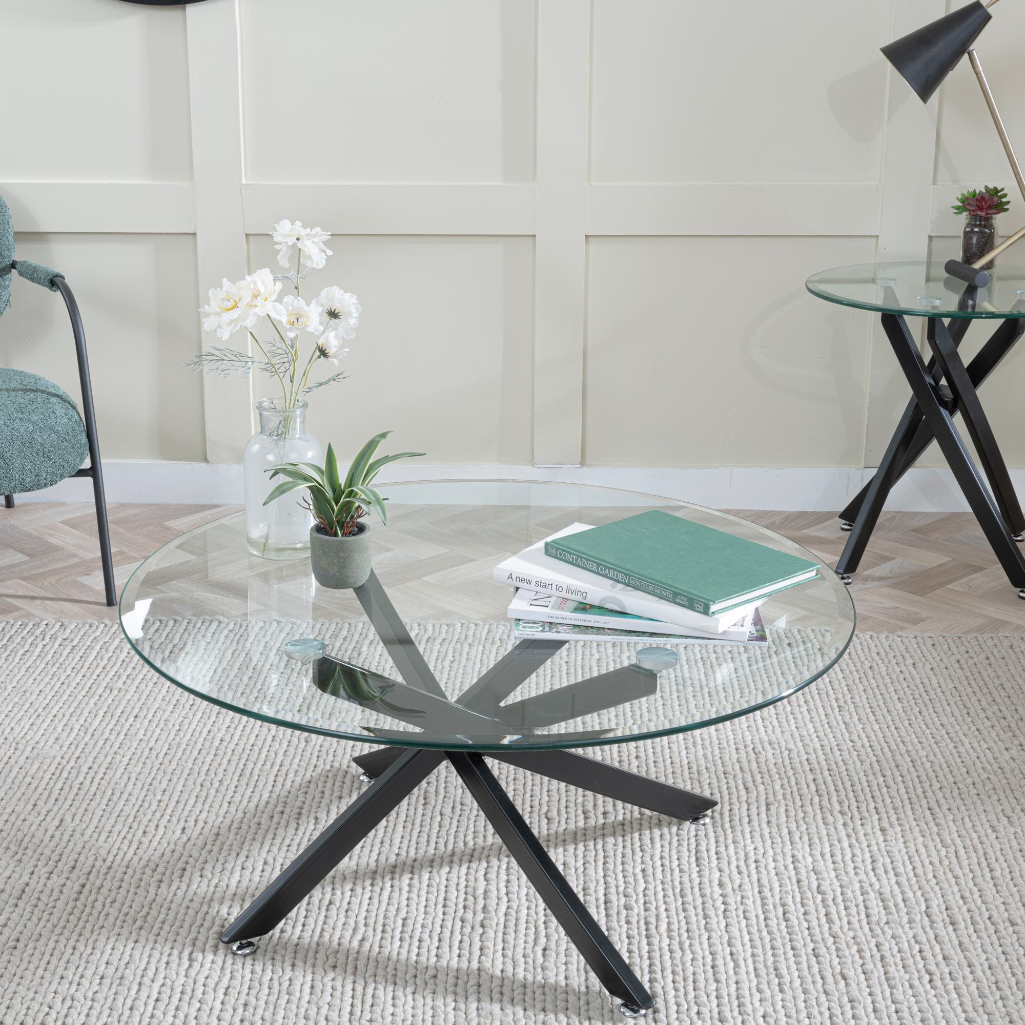 Sutton Clear Glass and Black Round Coffee Table - 90cm Tempered Top