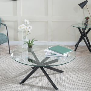Sutton Clear Glass and Black Round Coffee Table - 90cm Tempered Top